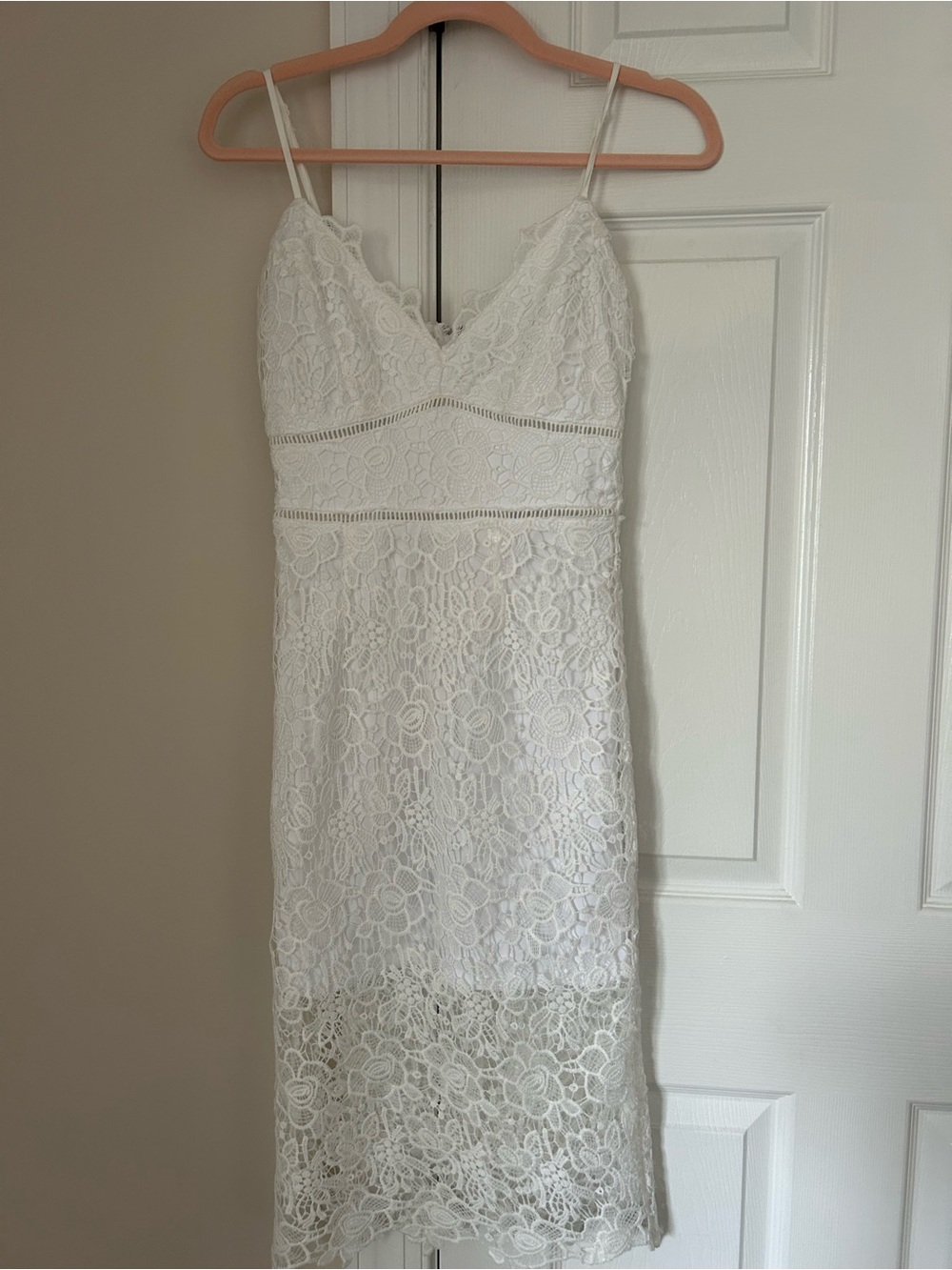 Blue Rain White Lace Midi Dress with Spaghetti Straps xxs